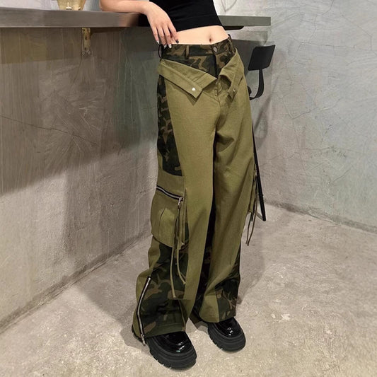 Women Fashion Retro High Waist Camouflage Stitched Jeans