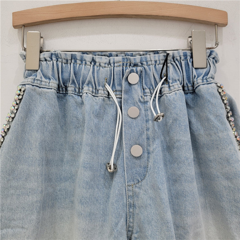 Pantalones cortos vaqueros informales con cuentas y diamantes de imitación para mujer
