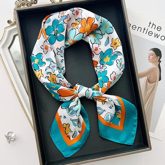 Pañuelo de seda cuadrado pequeño con estampado floral para mujer