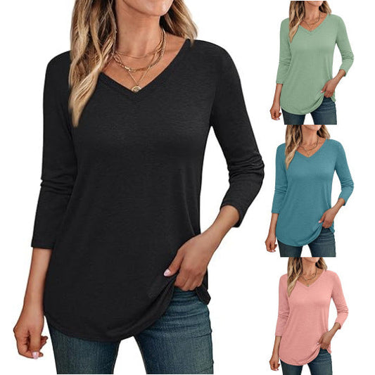 Women Casual Solid Color V-Neck Long Sleeve Blank T-Shirt