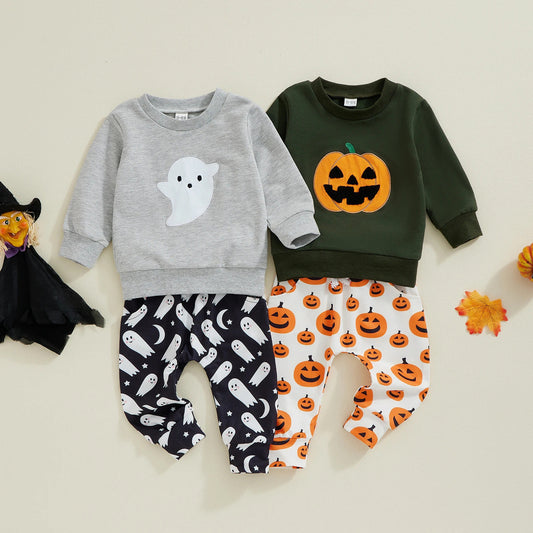 Kids Halloween Pumpkin Print Cotton Long Sleeve Set