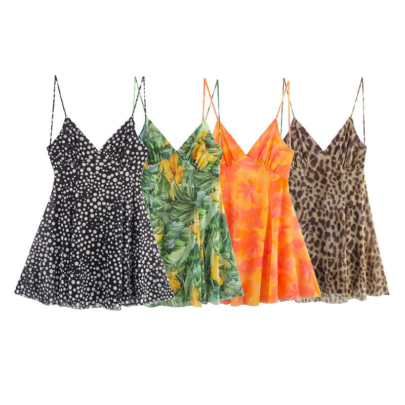 Summer Floral Leaf Leopard Polka Dot Sling Dress - Elegant Polyester Style