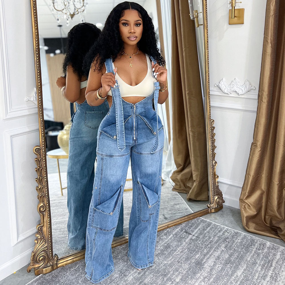 Women Casual Denim Jumpsuit Sleeveless High Waist Street Style