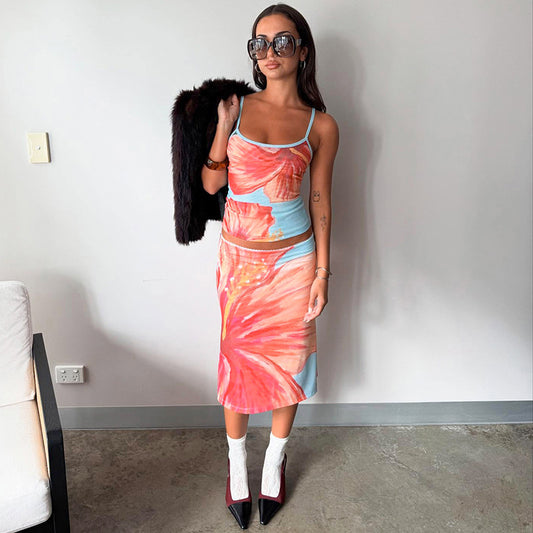 Conjunto de falda de dos piezas sin mangas con estampado floral para mujer en poliéster y elastano