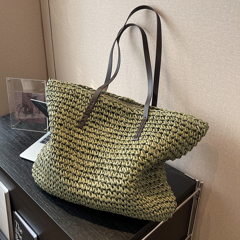 Bolso tote tejido de paja de color sólido, informal, de moda para mujer, con gran capacidad