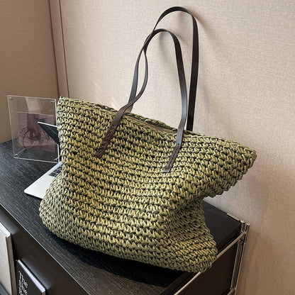 Bolso tote tejido de paja de color sólido, informal, de moda para mujer, con gran capacidad