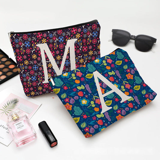 Bolsa de cosméticos pequeña con diseño floral, impermeable, de algodón y lino