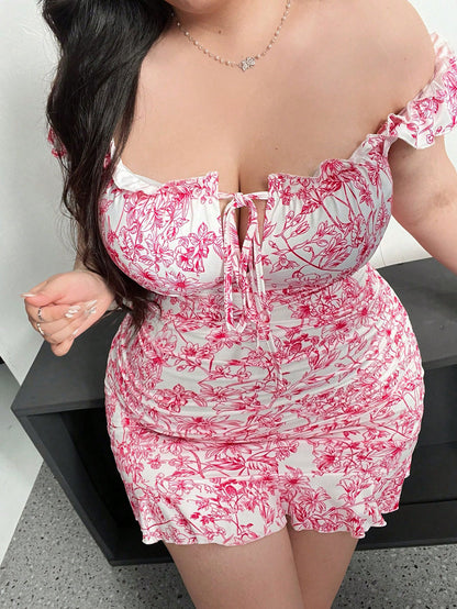 Vestido con cordones y hombros descubiertos, estampado, sexy, de talla grande, para mujer