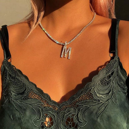 Women Rhinestone Alphabet Necklace