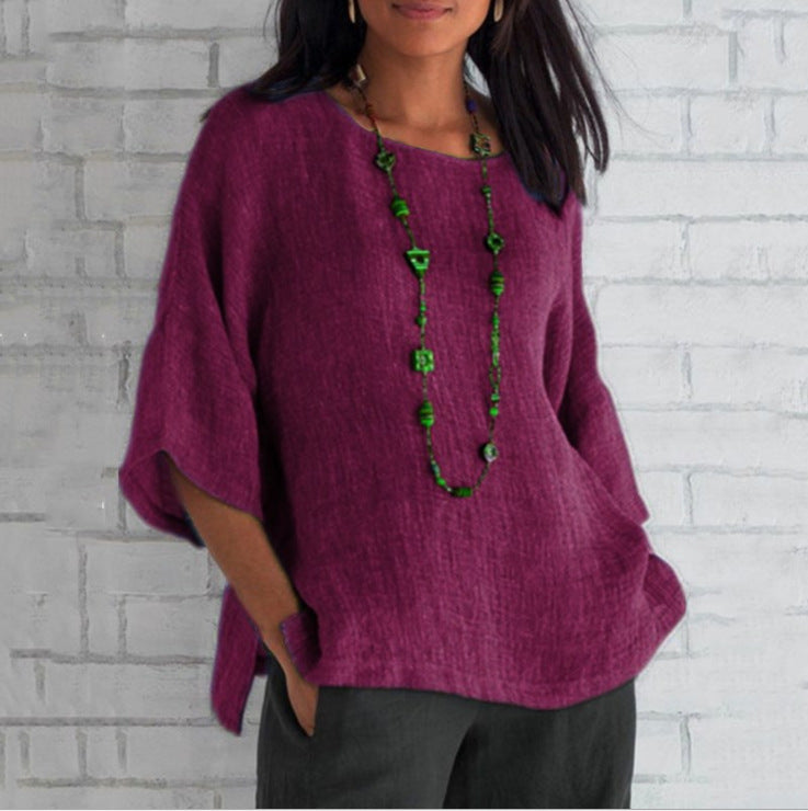 Blusa de algodón y lino con mangas tres cuartos para mujer