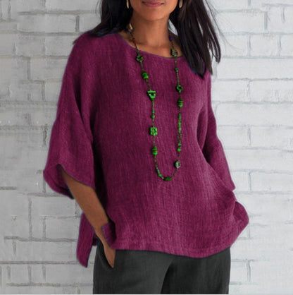 Blusa de algodón y lino con mangas tres cuartos para mujer