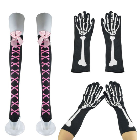 Halloween Cosplay Skull Bone Gloves and Stockings Set