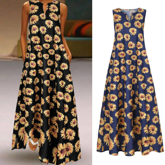 Women Boho Sunflower Printed Sleeveless Casual V-Neck Maxi Dress