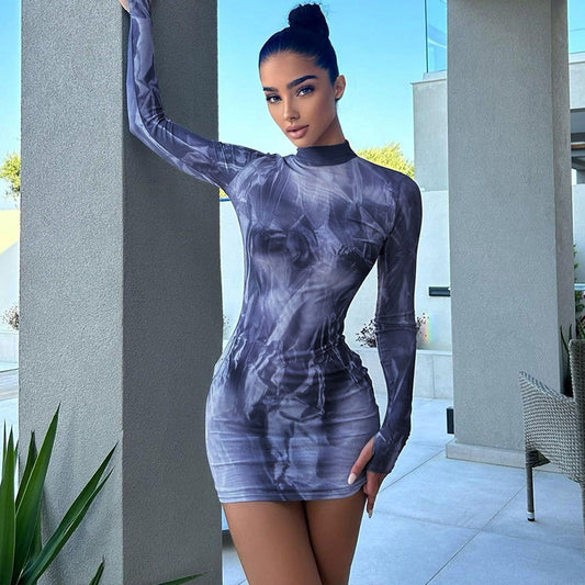 Women Fashion Sexy Printed Round Neck Long Sleeve Dress