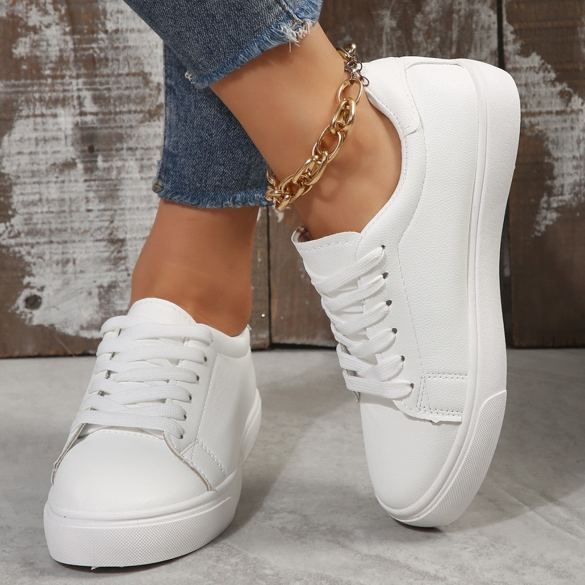 Zapatillas planas informales blancas con cordones para mujer