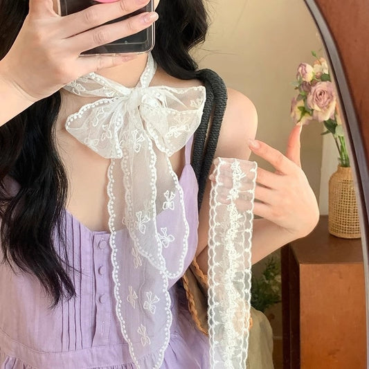 Bandeau de cheveux long en soie avec ruban en dentelle blanche pour femme