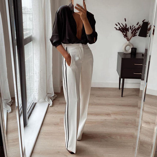 Pantalon droit décontracté à couleurs contrastées pour femme