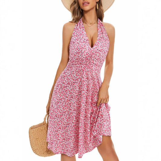 Women Fashion Boho Flower Printed Halter-Neck Dress