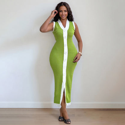 Women Fashion Casual Contrast Color Knitted V-Neck Dress