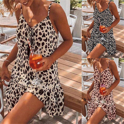 Women Casual Sexy Leopard Print Summer Loose Bohemian Mini Dress