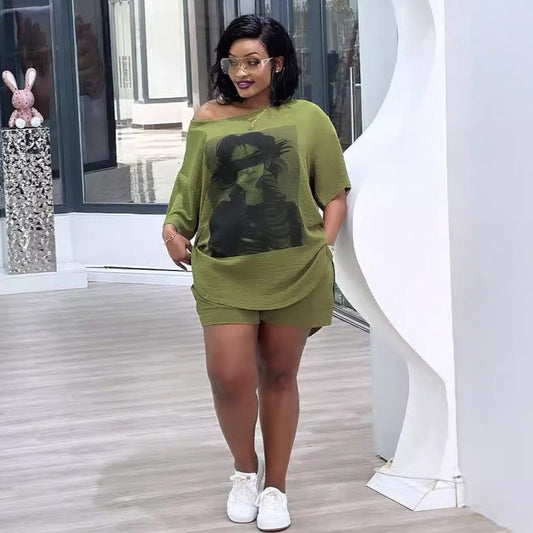 Women Fashion Casual Plus Size Printed Short-Sleeve T-Shirt and Loose Shorts Two-Piece Set