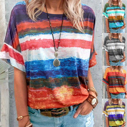 Camiseta informal de manga corta con estampado multicolor de mezcla de algodón para mujer