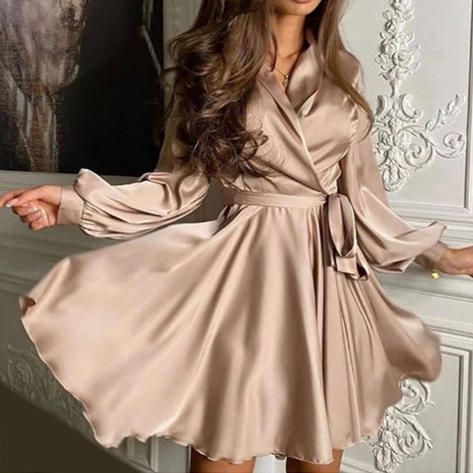 Vestido de satén liso con cuello en V y manga larga para mujer