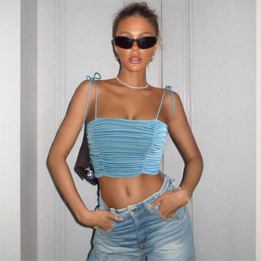 Women Fashion Sexy Solid Color Pleated Camisole