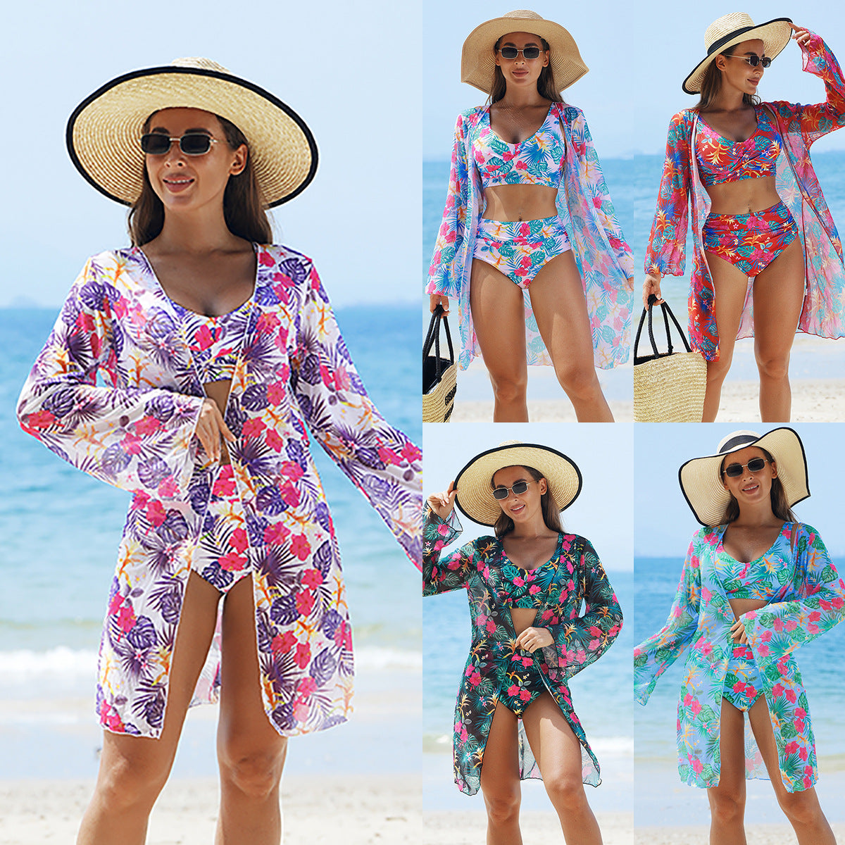 Women Fashion Multicolor Print Swimsuit Three-Piece Set