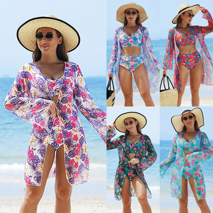Women Fashion Multicolor Print Swimsuit Three-Piece Set