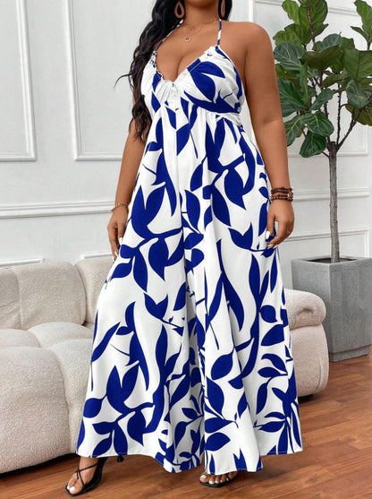 Women Fashion Casual Plus Size Printed Halter Neck Lace Up Jumpsuits in Polyester