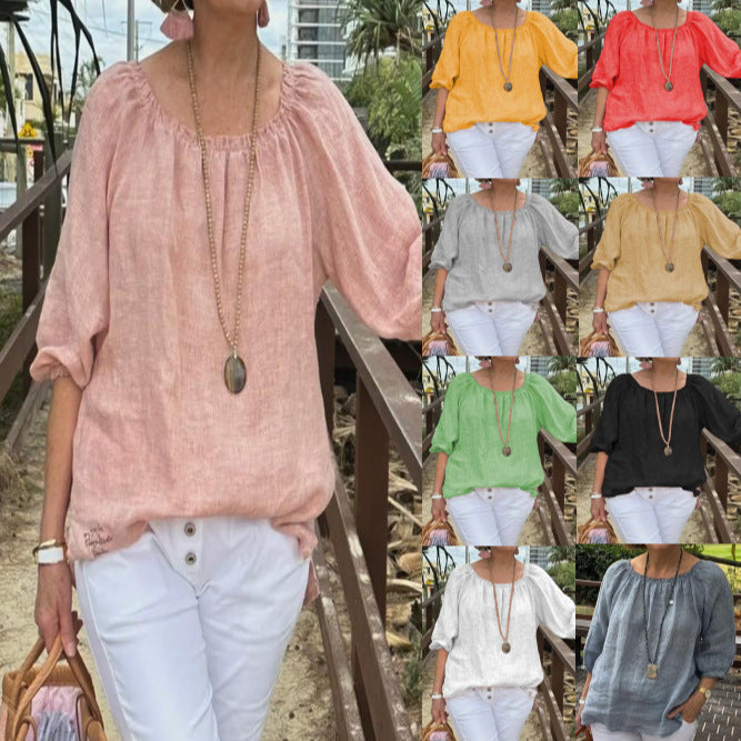 Top informal de lino y algodón con cuello redondo de color liso para mujer
