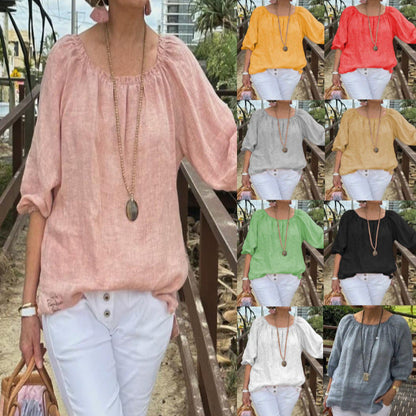 Top informal de lino y algodón con cuello redondo de color liso para mujer