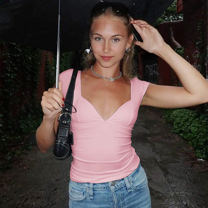 Haut d'été sexy à manches courtes et col en V pour femme