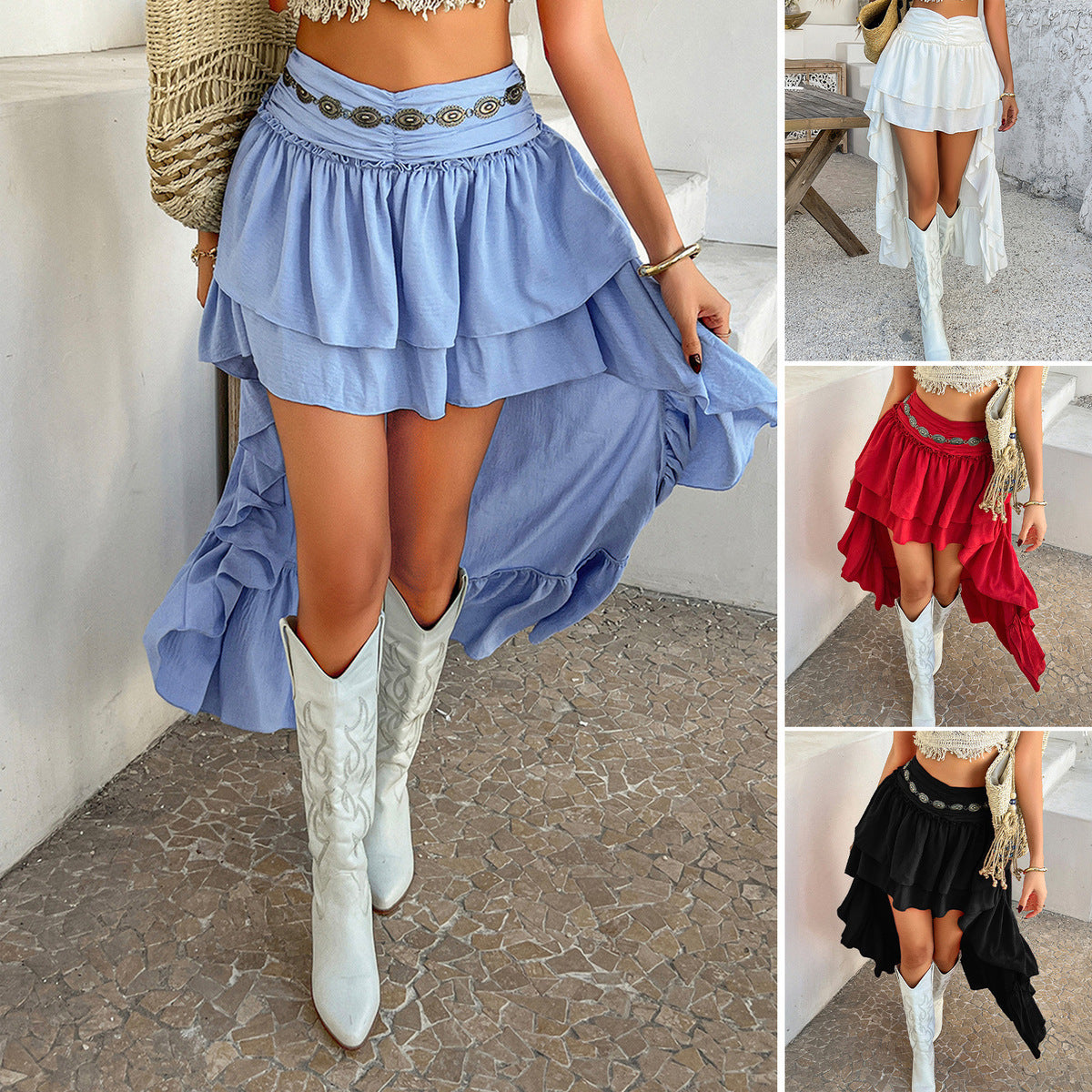 Bohemian Women Casual Vacation Solid Color Irregular Skirt