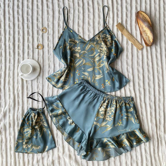 Women Fashion Printed Silk Pajamas Two-Piece Set