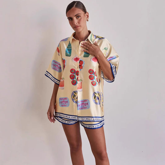 Women Fashion Casual Printed Lapel Blouse Set