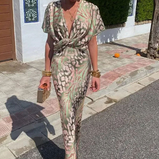 Vestido elegante con escote en V y estampado de cintura definida para mujer