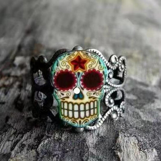 Anillo de metal con calavera de demonio grabada estilo vintage para hombre