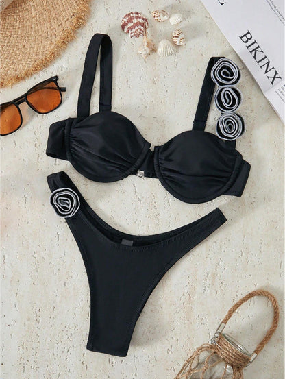 Conjunto de bikini sexy con tirantes rosas de color liso para mujer