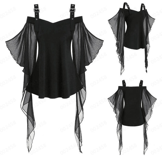 Halloween Women Gothic Irregular Strap Mesh Top