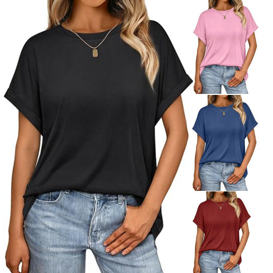 Camiseta informal de verano para mujer, color liso, cuello redondo, manga corta, sin mangas