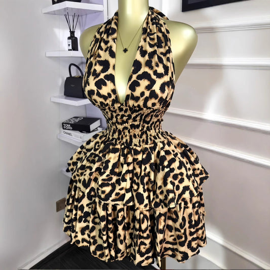 Vestido sexy de leopardo con cuello halter para mujer