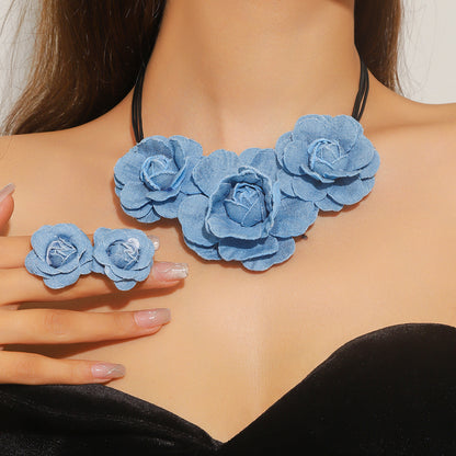 Blue Vintage Denim Rose Jewelry Set