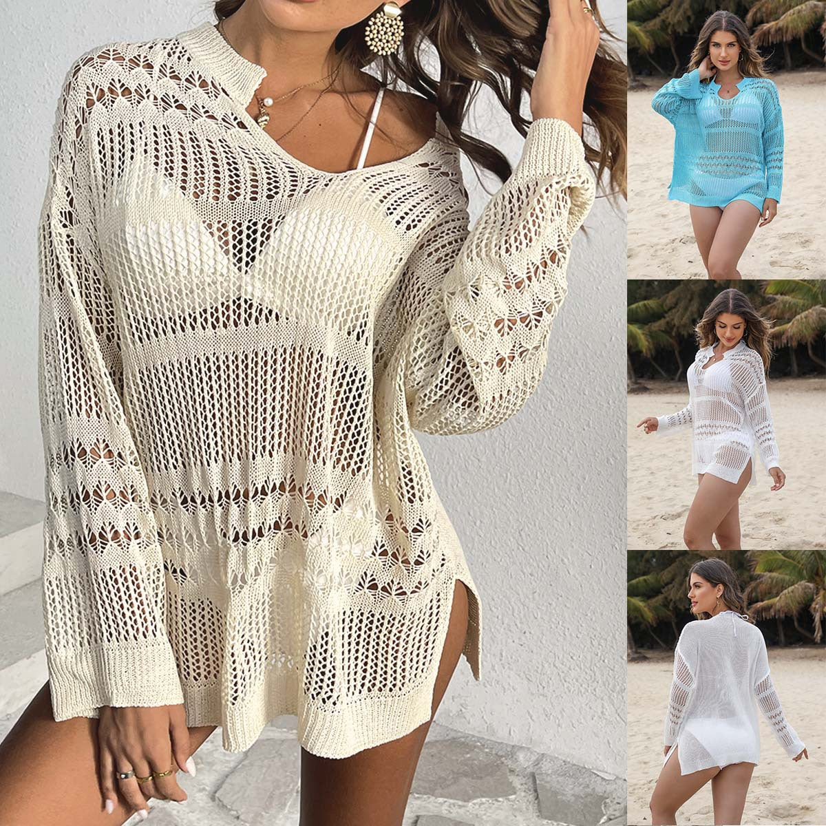 Blusa playera de manga larga hueca de crochet