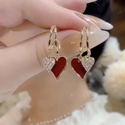 Women Fashion Heart Zircon Red Love Earrings Acrylic Geometric Style
