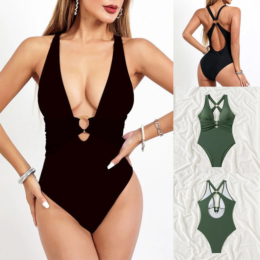 Women Solid Color Sexy Backless One-Piece Swimwear