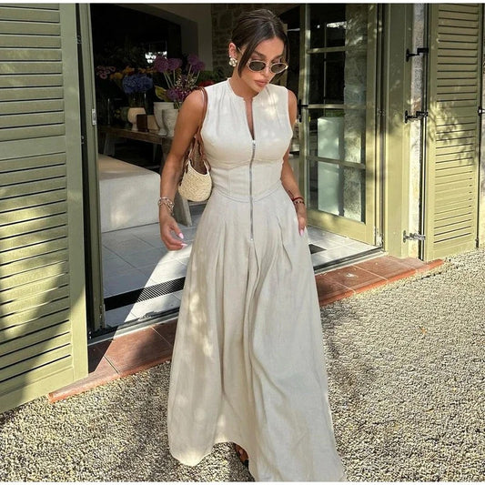 Women Fashion High Waist Solid Color Maxi Dress