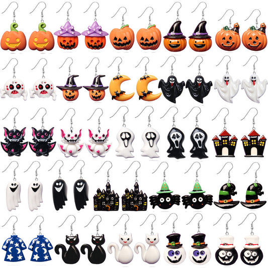 Pendientes de resina con diseño divertido de murciélago, calabaza y fantasma para Halloween para mujer