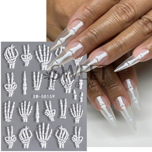 Autocollants pour ongles 5D en relief pour femmes, motif tête de mort, araignée, os, citrouille, Halloween